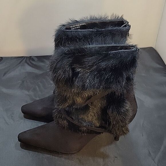 WILD DIVA BLACK FUR TRIM MID-CALF POINTED TOE BACK ZIPPER CLOSURE BOOT S2 - Picture 6 of 14